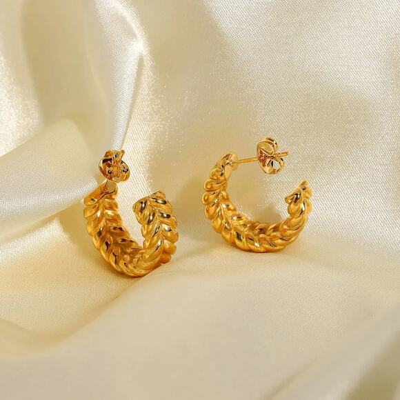 Vintage Woven C-Shape‎ Hoop Earrings 18K Gold Plated Stainless Steel - Picture 7 of 11
